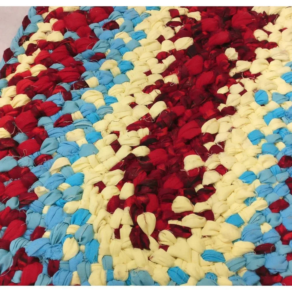 Yellow blue and red woven braided rag rug recycled fabric country farmhouse styl